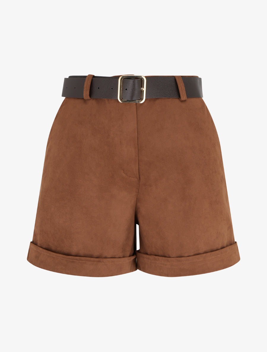 Short à revers en suédine - Camel - 1