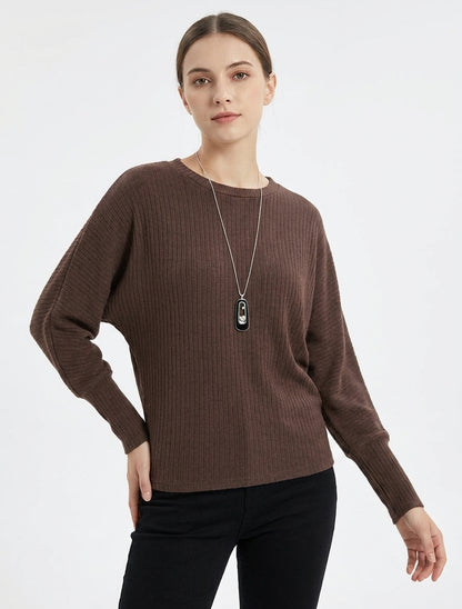 Pull côtelé à manches longues style chuave-souris - Marron