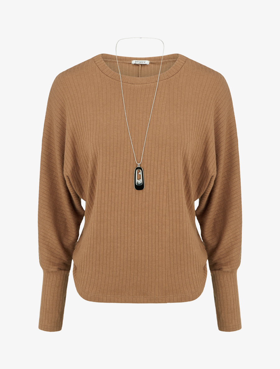 Pull côtelé à manches longues style chuave-souris - Camel - 1