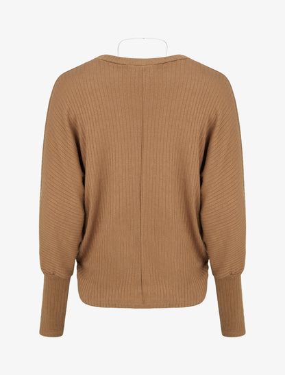 Pull côtelé à manches longues style chuave-souris - Camel - 2