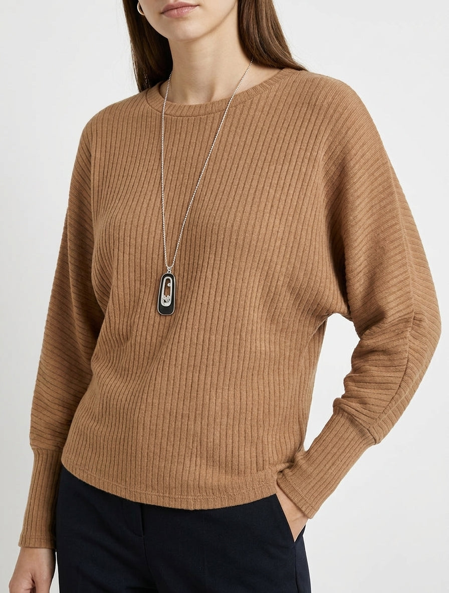 Pull côtelé à manches longues style chuave-souris - Camel