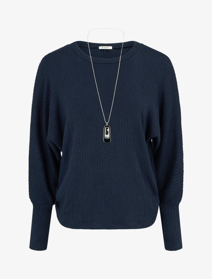 Pull côtelé à manches longues style chuave-souris - Marine - 1