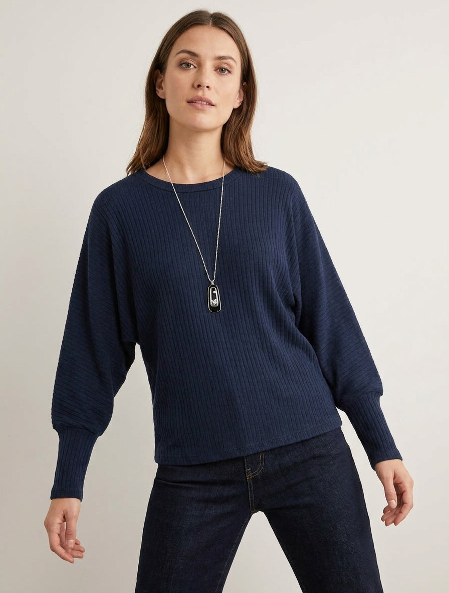 Pull côtelé à manches longues style chuave-souris - Marine