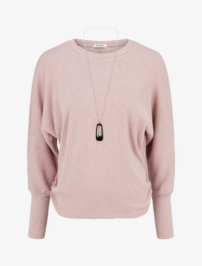Pull côtelé à manches longues style chuave-souris - Rose - 1