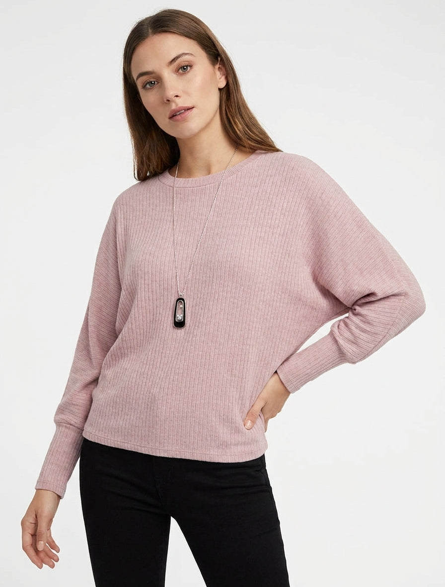 Pull côtelé à manches longues style chuave-souris - Rose
