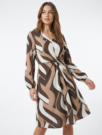 Robe manches longues imprimé graphique - Marron