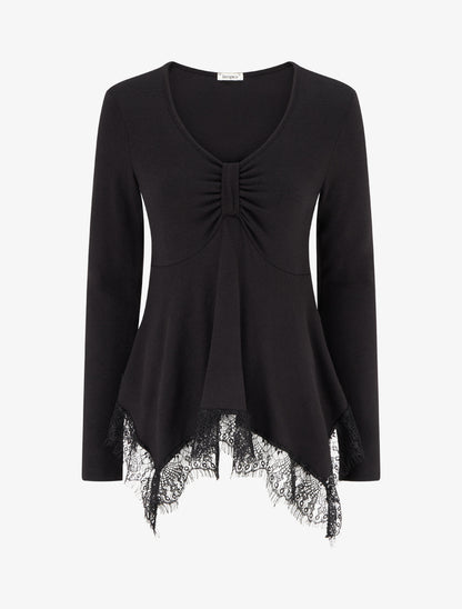 Pull fin bords asymétriques en dentelle - Noir - 1