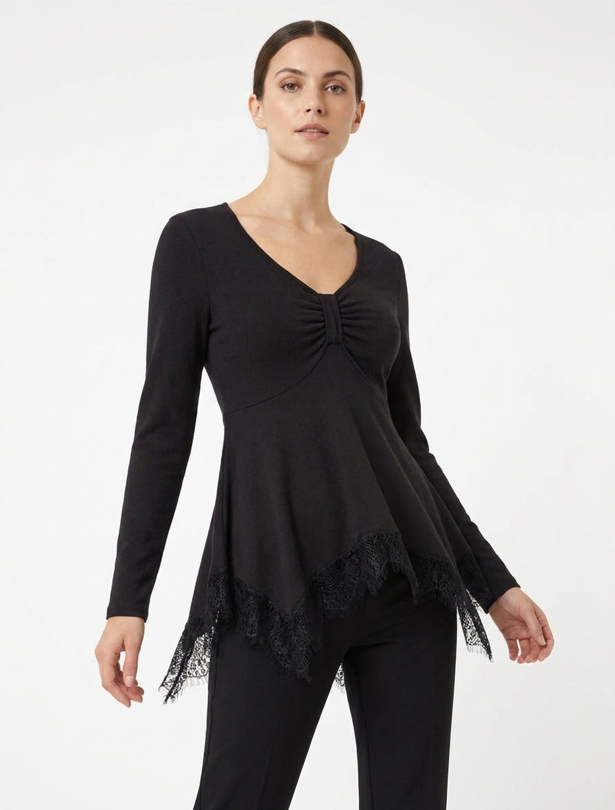 Pull fin bords asymétriques en dentelle - Noir