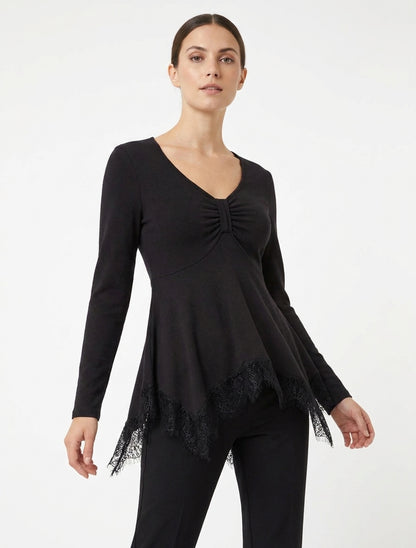 Pull fin bords asymétriques en dentelle - Noir