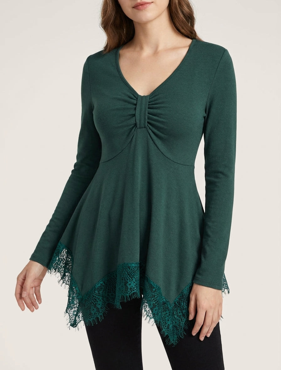 Pull fin bords asymétriques en dentelle - Vert foncé