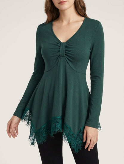 Pull fin bords asymétriques en dentelle - Vert foncé