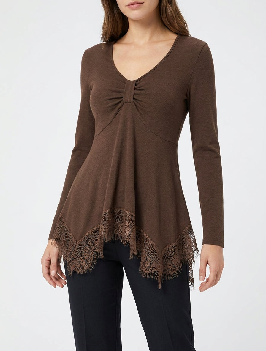 Pull fin bords asymétriques en dentelle - Marron