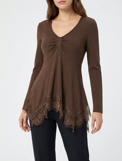 Pull fin bords asymétriques en dentelle - Marron