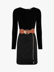 Robe droite en maille et suédine à manches longues et zip - Noir - 1