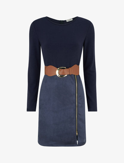 Robe droite en maille et suédine à manches longues et zip - Marine - 1