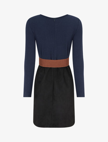 Robe droite en maille et suédine à manches longues et zip - Marine/noir - 2