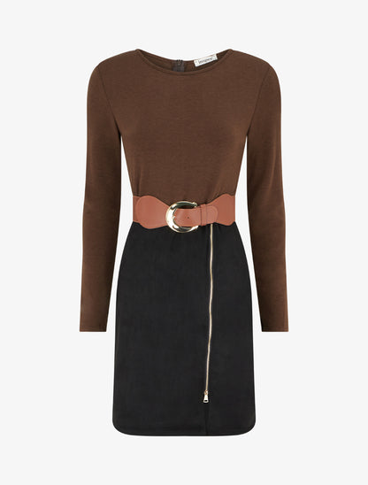 Robe droite en maille et suédine à manches longues et zip - Marron/noir - 1