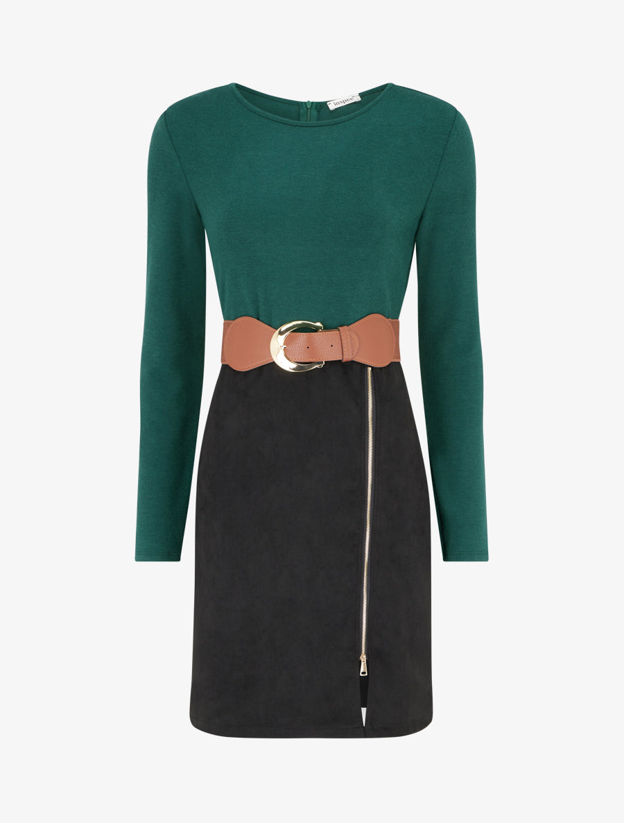 Robe droite en maille et suédine à manches longues et zip - Vert foncé - 1