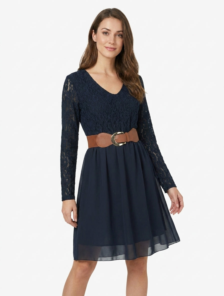 Robe évasée à buste en dentelle - Marine