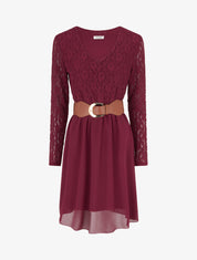 Robe évasée à buste en dentelle - Lie de vin - 1