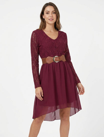 Robe évasée à buste en dentelle - Lie de vin