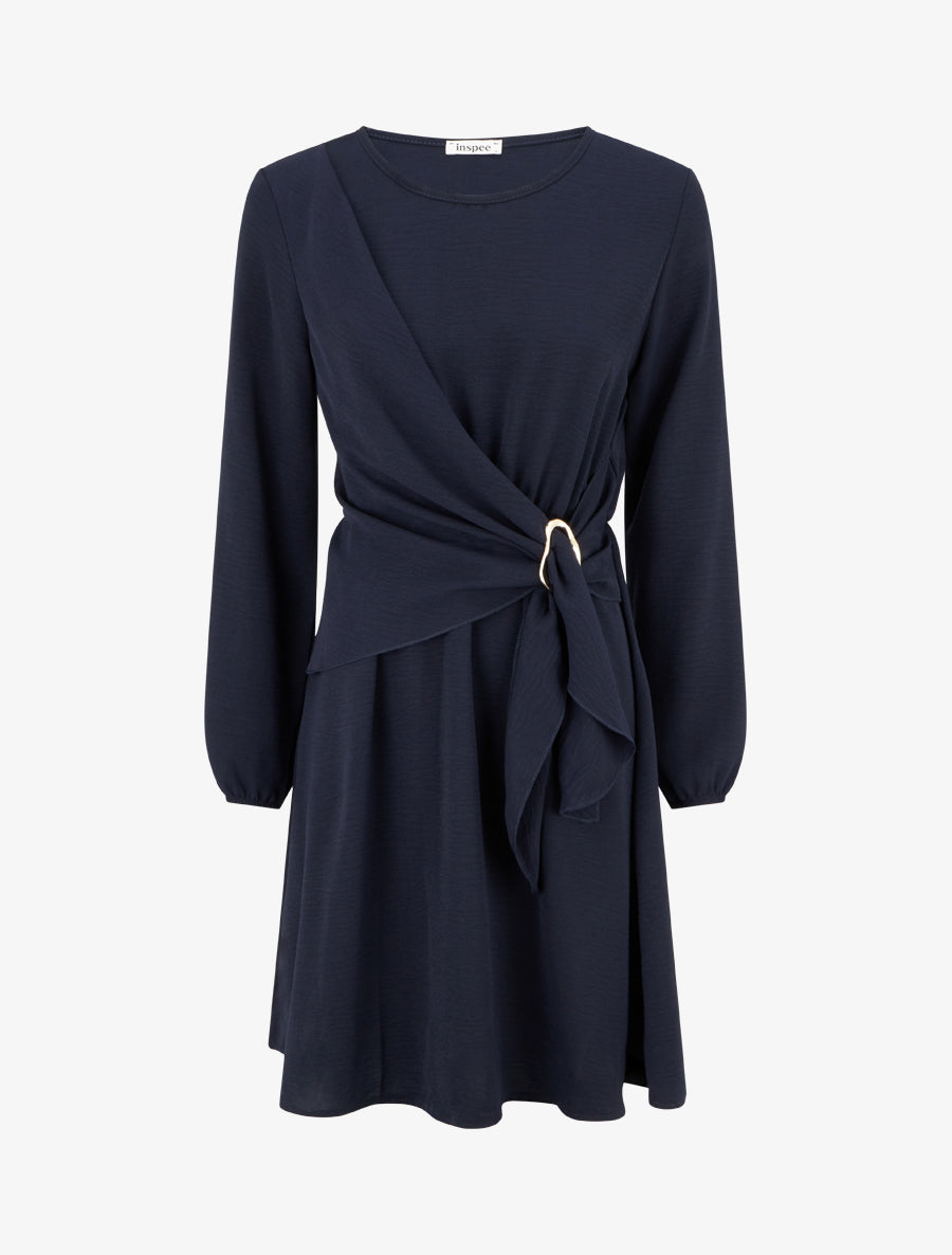 Robe évasée manches longues à pan drapé et bijou - Marine - 1