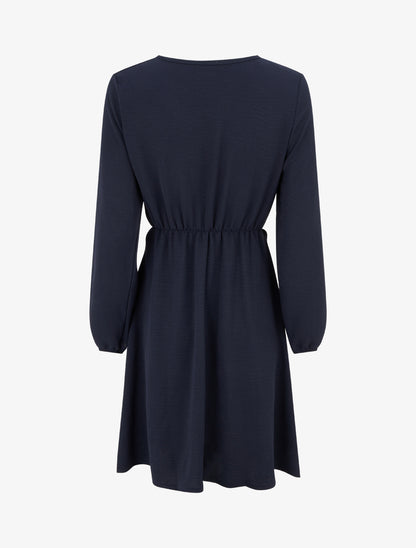 Robe évasée manches longues à pan drapé et bijou - Marine - 2