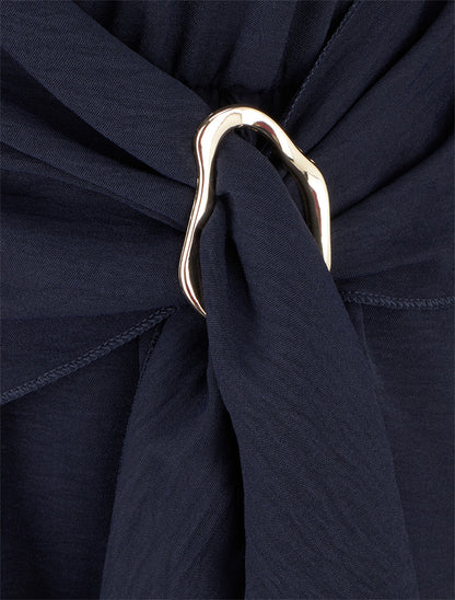 Robe évasée manches longues à pan drapé et bijou - Marine - 3