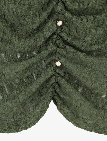 Top dentelle effet froncé à boutons décoratifs - Kaki - 3