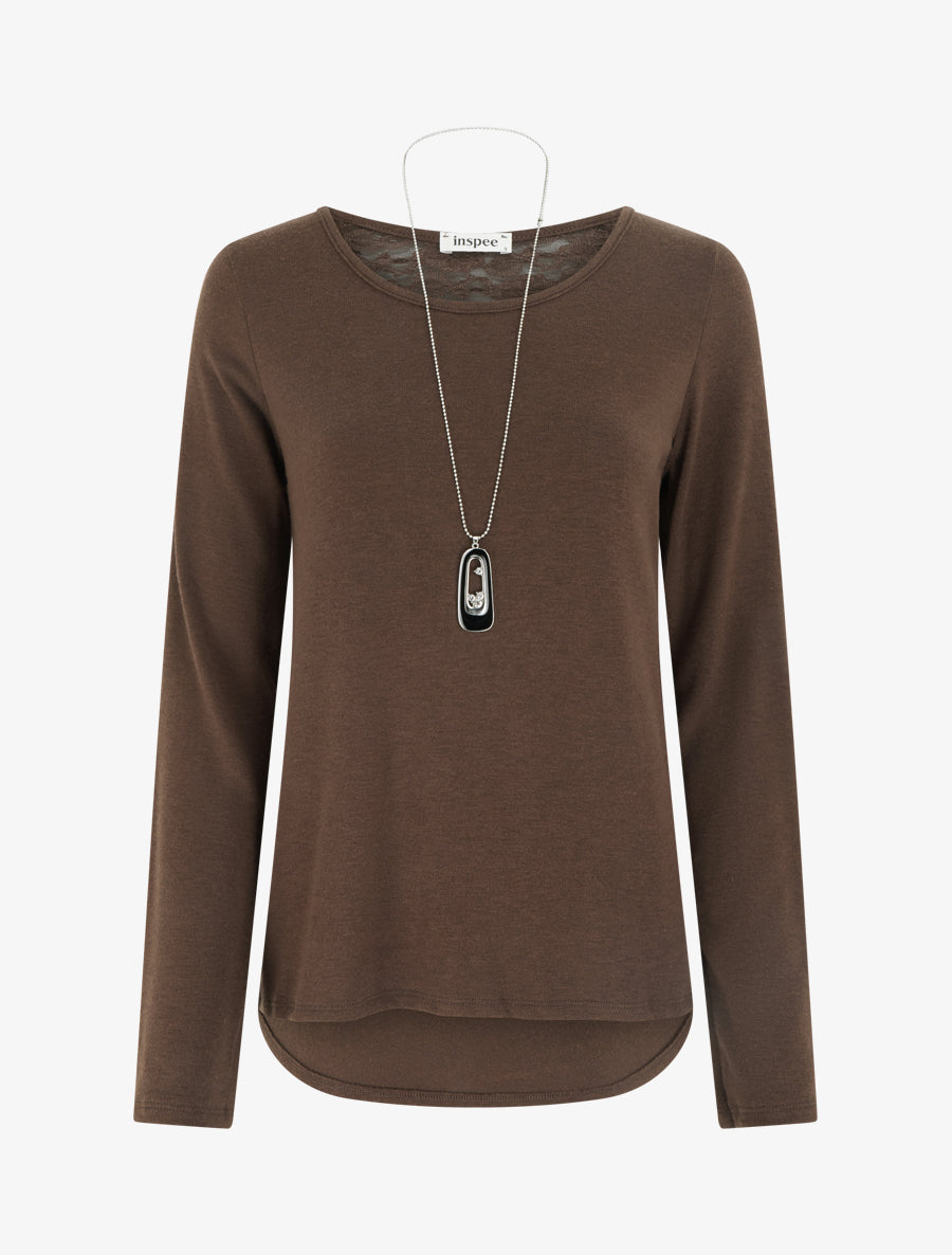 Pull coupe droite à dos en dentelle - Marron - 1