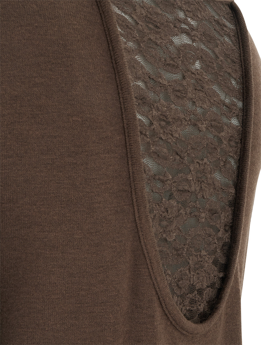 Pull coupe droite à dos en dentelle - Marron - 3