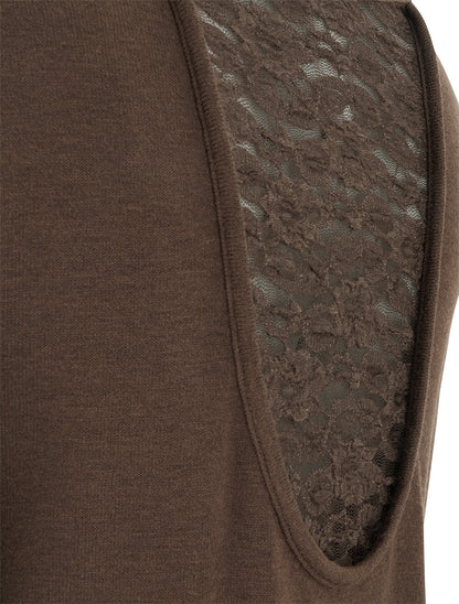 Pull coupe droite à dos en dentelle - Marron - 3