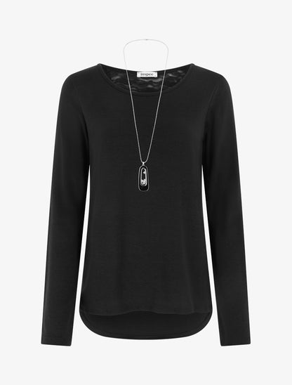 Pull coupe droite à dos en dentelle - Noir - 1
