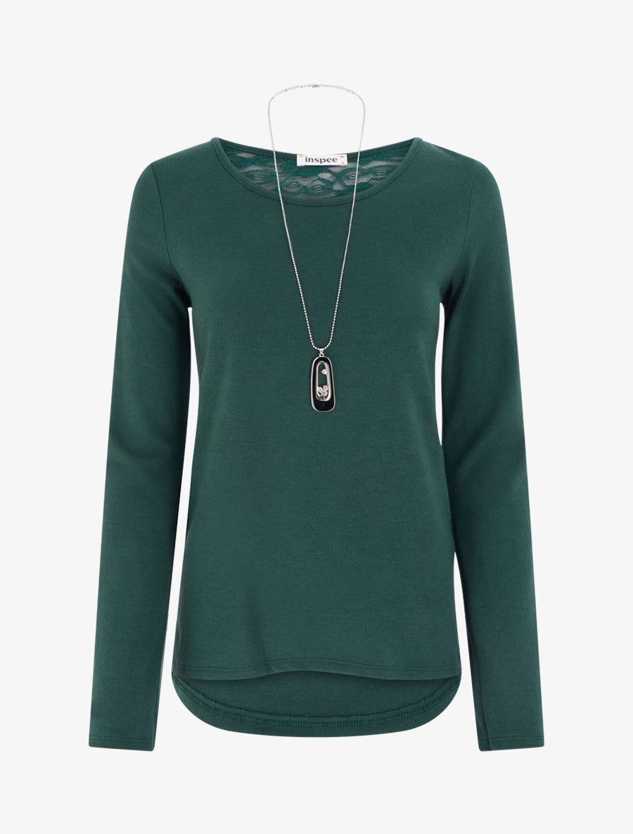 Pull coupe droite à dos en dentelle - Vert foncé - 1