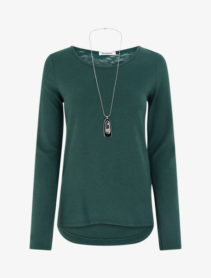 Pull coupe droite à dos en dentelle - Vert foncé - 1