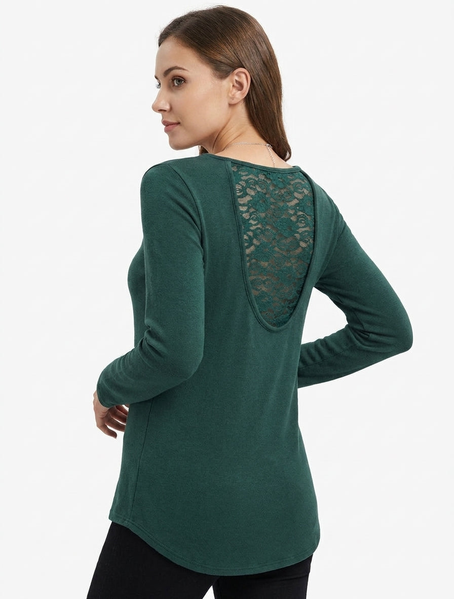 Pull coupe droite à dos en dentelle - Vert foncé