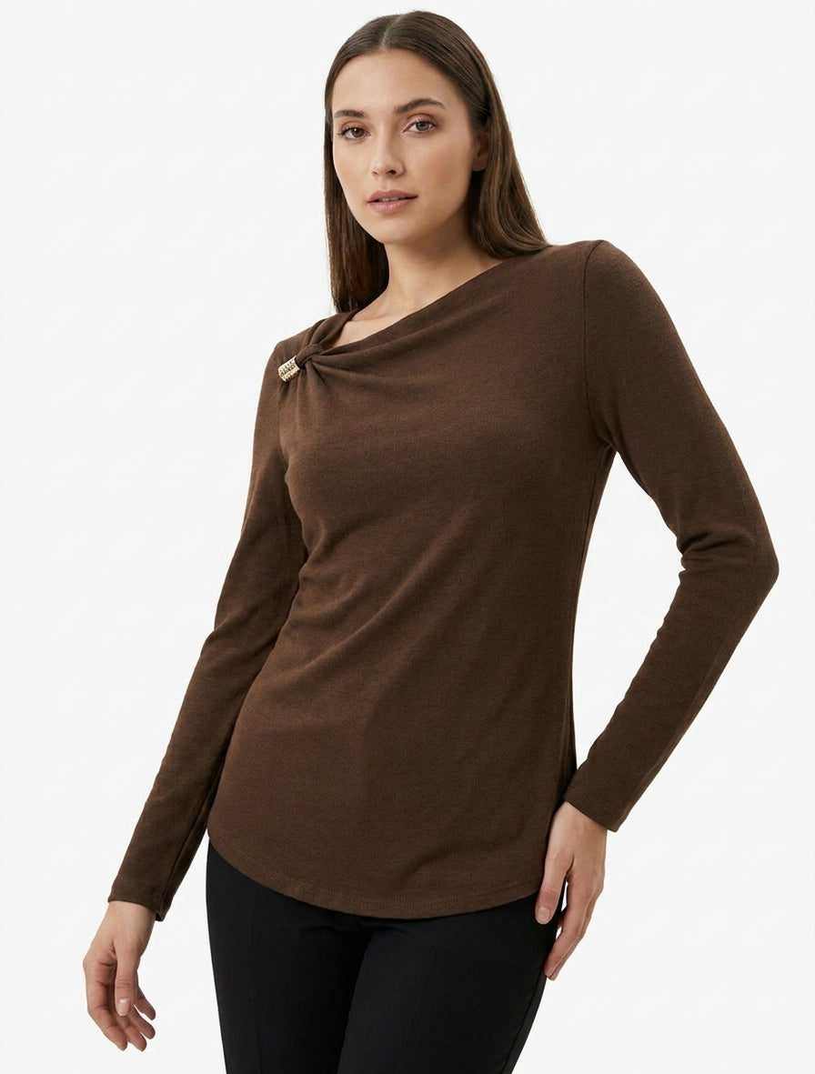 Pull fin à empiècement bijou - Marron