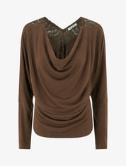 Pull à col bénitier et dos en V à dentelle - Marron - 1
