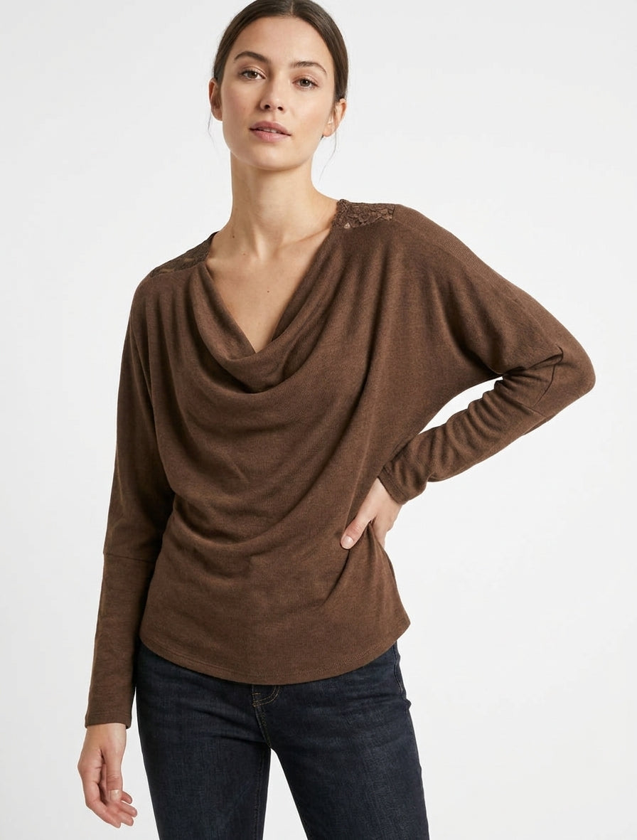 Pull à col bénitier et dos en V à dentelle - Marron