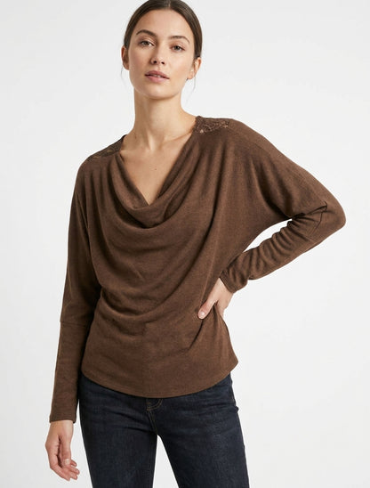 Pull à col bénitier et dos en V à dentelle - Marron