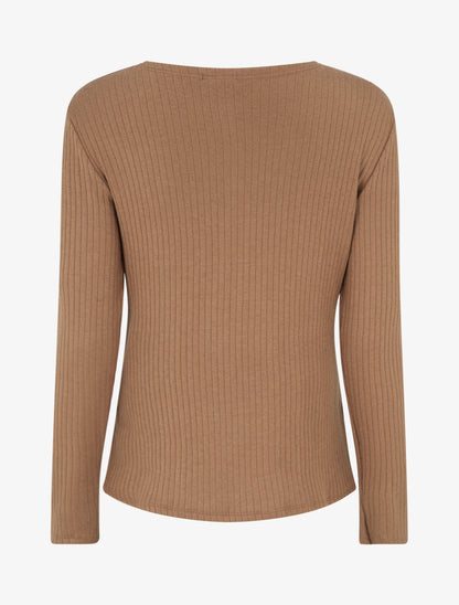 Pull côtelé à col asymétrique ajouré - Camel - 2