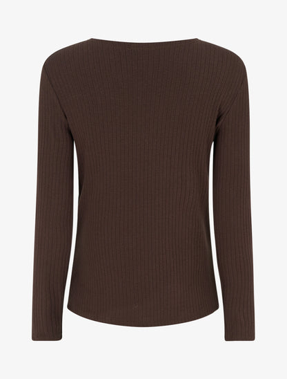 Pull côtelé à col asymétrique ajouré - Marron - 2