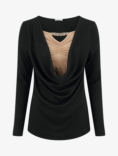 Pull côtelé à col bénitier et bijou - Noir - 1