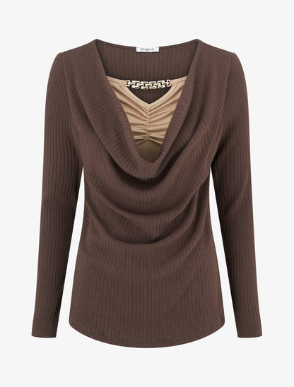 Pull côtelé à col bénitier et bijou - Marron - 1