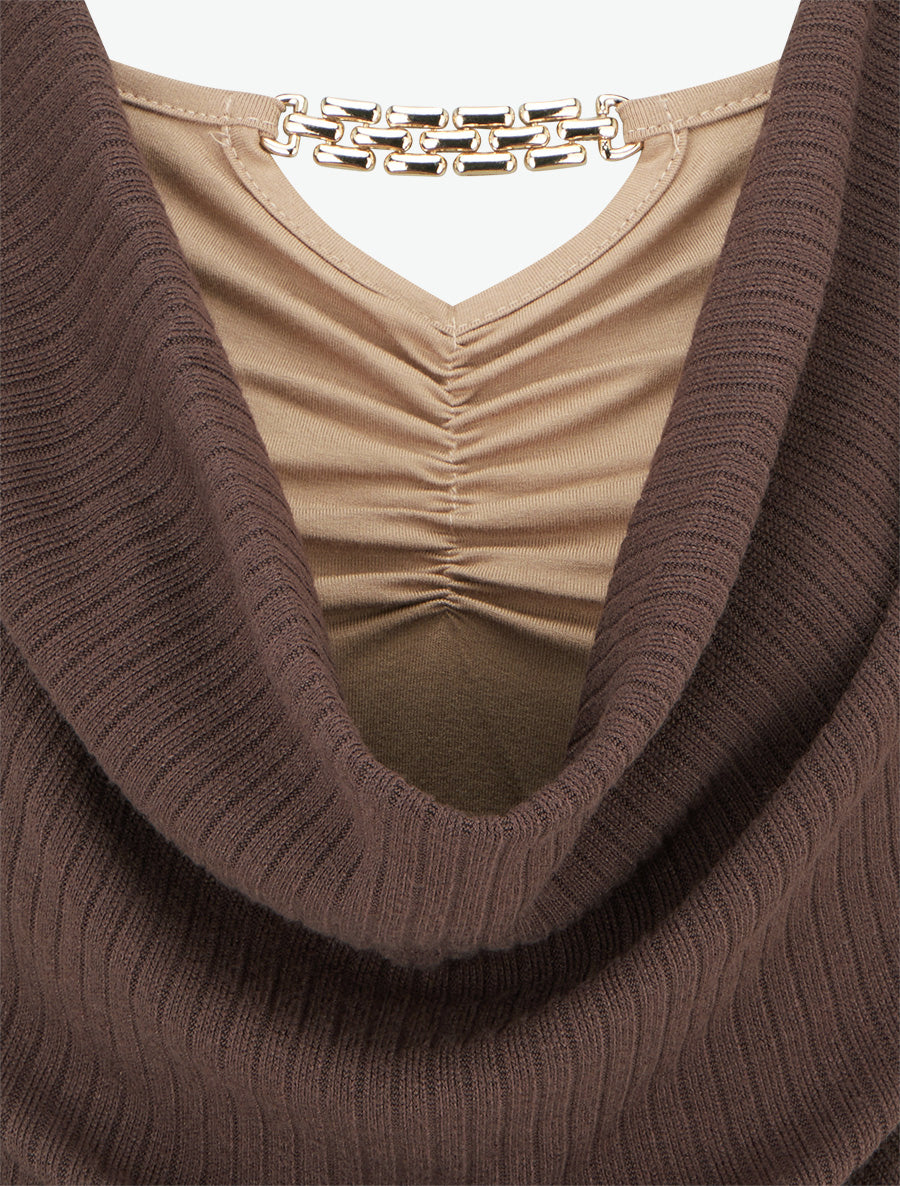 Pull côtelé à col bénitier et bijou - Marron - 3