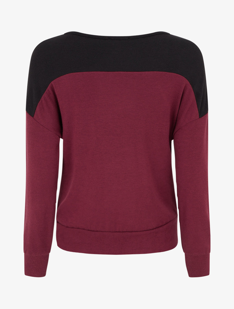Pull bicolore à empiècment dentelle - Lie de vin - 2