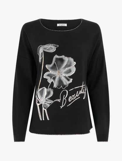 Pull fin à motif fleurs et message - Noir - 1