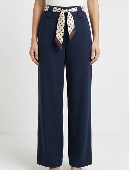 Pantalon uni ceinture satinée imprimée - Marine