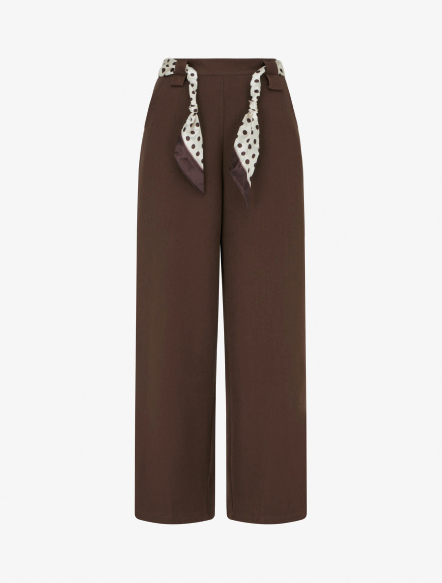 Pantalon uni ceinture satinée imprimée - Marron - 1