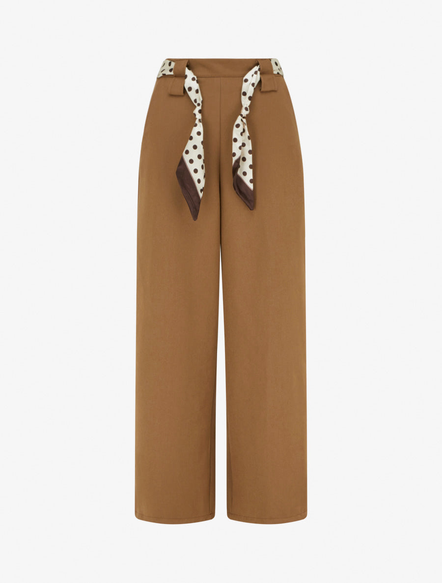 Pantalon uni ceinture satinée imprimée - Camel - 1